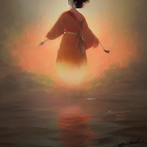 Image similar to semi semi realistic digital painting!! portrait of beautiful geisha flying over a lake filed with molten gold, volume lighting, concept art, by greg rutkowski, dramatic, xray melting colors!!