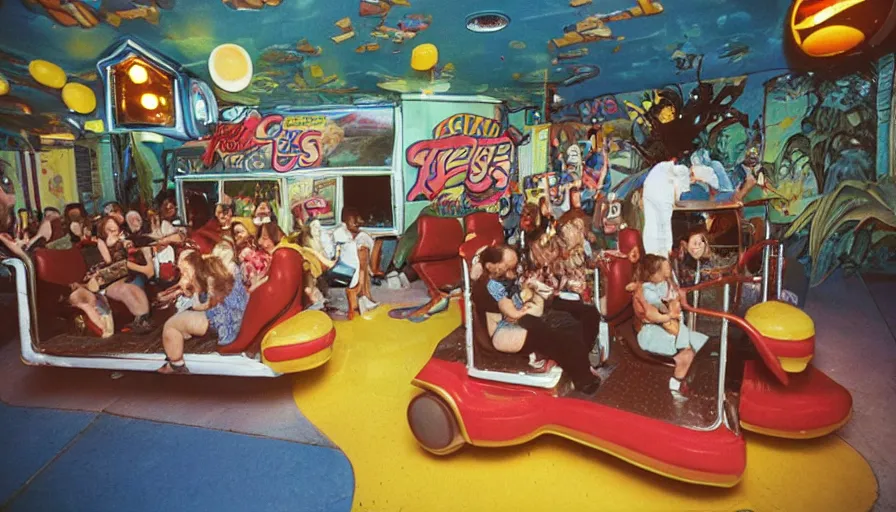 Prompt: 1990s photo of inside the Crazy Joe's Mystery House Show ride at Universal Studios in Orlando, Florida, riding a hamburger car through Joe's dream world , cinematic, UHD