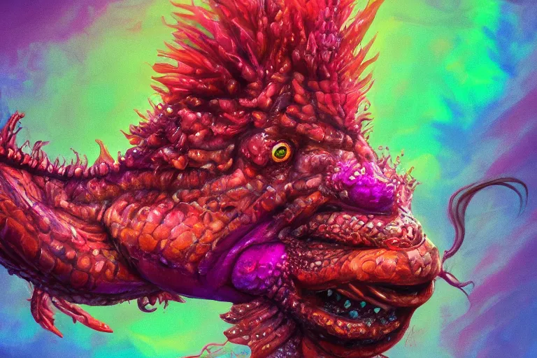 Image similar to chaos chuul spore servant gorgonops, painted by alicia austin and teddy harvia, trending on artstation, dramatic magenta lighting fish eye symbolism, hdr, portrait, iridescent colors, gond painting