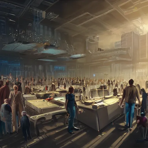 Image similar to large group people in a huge warehouse, gathered around a hologram of futuristic city on a table | cinematic concept art | godrays | 4 k | clear details | tabletop | tabletop