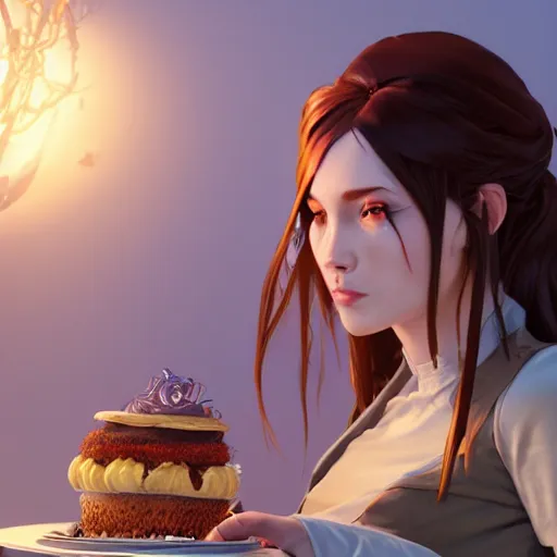 Image similar to a wizard enjoying their birthday cake, art by artgerm and greg rutkowski and alphonse mucha, concept art, octane render, unreal engine 5, highly detailed, high quality, 8 k, soft lighting, realistic face, path traced