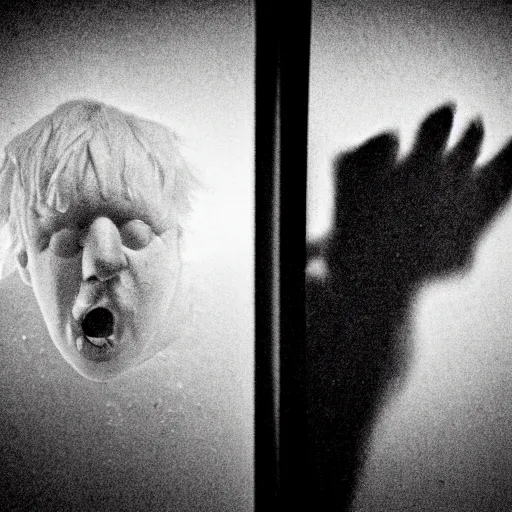 Image similar to photo of the inside of a dark old rainy bedroom window at night, dimly lit creepy | screaming face of boris johnson staring in through the window, bloody hands, horror, scary face, demonic face,