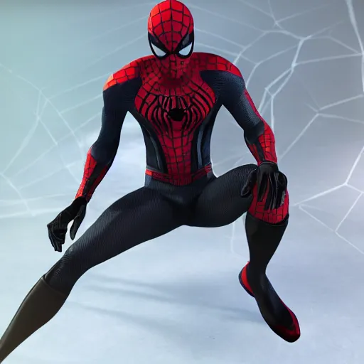 Image similar to black spider - man suit with white web lining, cinematic, volumetric lighting, realistic, hyperdetailed, photorealistic, photograph