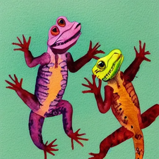 Prompt: a simple watercolour painting of two geckos dancing tango