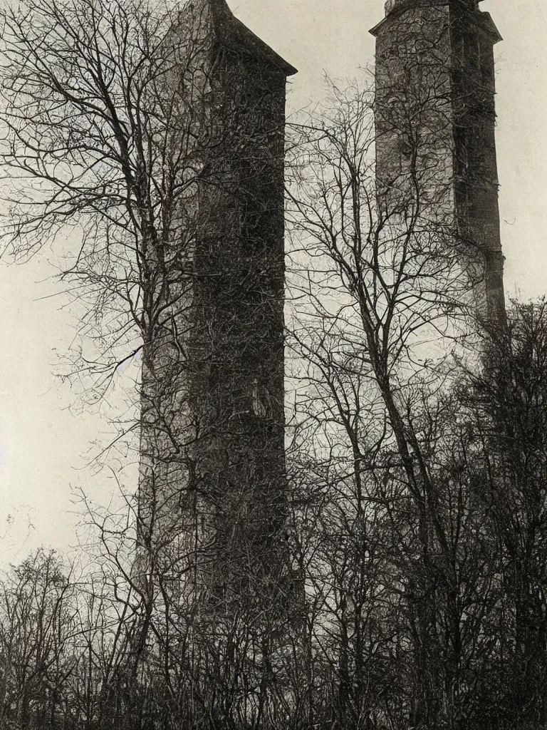 Prompt: The abandoned wizard\'s tower in the overgrown garden. Alfred Stieglitz.