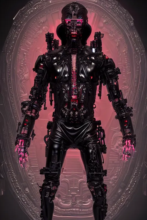 Prompt: full-body cyberpunk style sculpture of a young handsome dark god of battle, half android with a head opening exposing circuitry, glowing red eyes, black roses, flowing blood-red colored silk, fabric, candles. baroque elements, genetically augmented cyborg male. full-length view. baroque element. intricate artwork by caravaggio. Trending on artstation, octane render, cinematic lighting from the right, very very very very long curly blond hair, hyper realism, octane render, 8k, depth of field, 3D