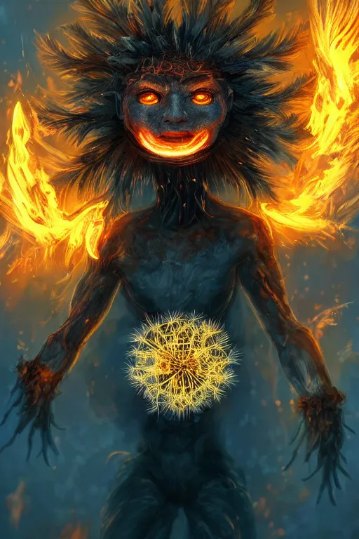 Image similar to a glowing humanoid figure dandelion monster with large glowing eyes, surrounded by fire, highly detailed, digital art, sharp focus, trending on art station, artichoke, anime art style