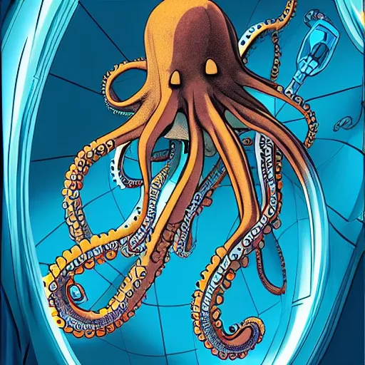 Image similar to robotic Octopus in an airlock, Industrial Scifi, detailed illustration, character portrait, by Martin Grip and Moebius