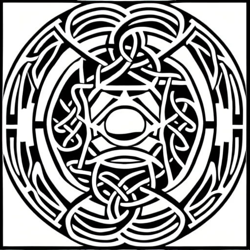 Image similar to a circular vector tattoo design in an art deco style, and in a celtic knot style.