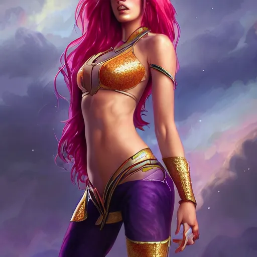 Image similar to ultra realistic illustration, bella thorne as starfire wearing crop top anime, intricate, elegant, highly detailed, digital painting, artstation, concept art, smooth, sharp focus, illustration, art by artgerm and greg rutkowski and alphonse mucha and wlop!