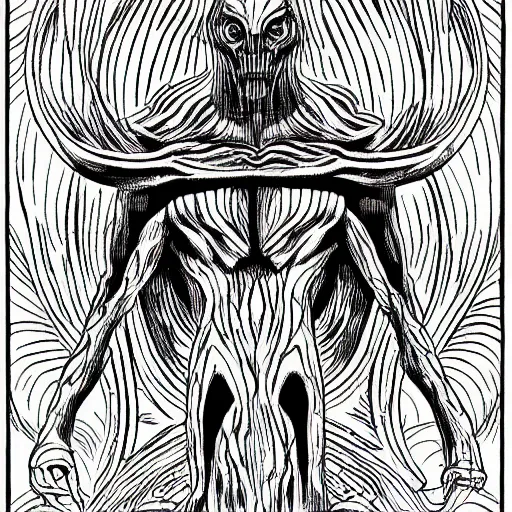 Image similar to clean simple line art of a terrifying monster from folklore. no background. well composed, clean coloring book page, beautiful detailed art. coloring book line art by steve ditko and jack kirby and greg rutkowski