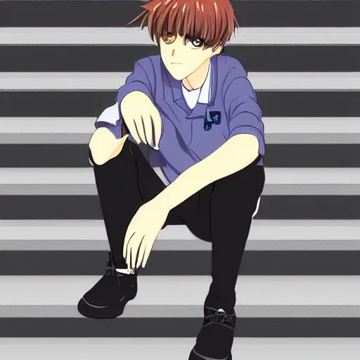 Image similar to high schooler wearing a school uniform sitting on concrete steps, smoking a cigarette, digital art, detailed, anime