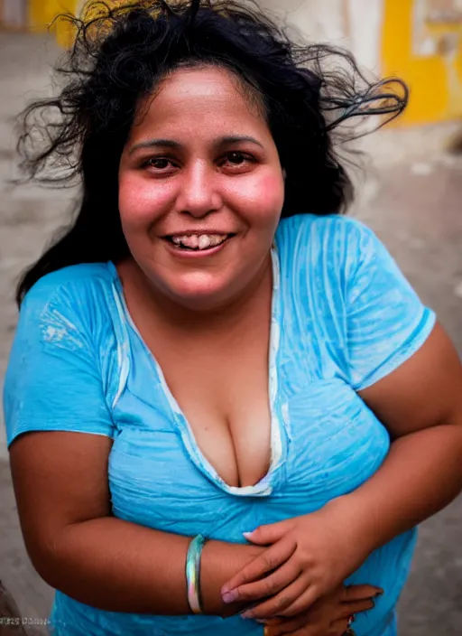 Image similar to close up portrait of a beautiful, chubby, 30-year-old woman from Cuba, happy, candid street portrait in the style of Martin Schoeller, award winning, Sony a7R