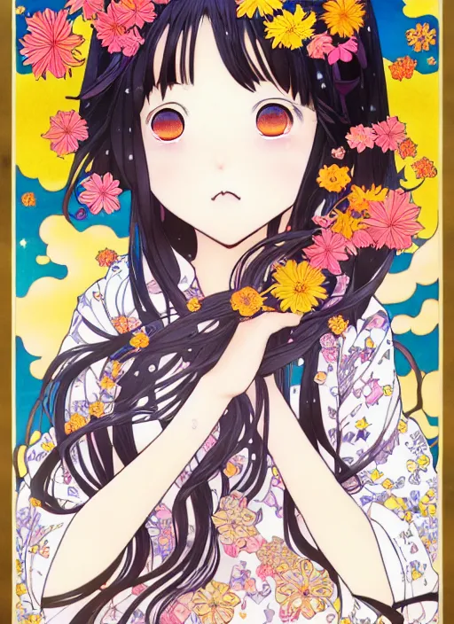 Image similar to exquisite imaginative manga poster art of a girl, long wavy hair, stars, flowers, japanese sailor uniform, shimmering, by kojima ayami, shigenori soejima, minaba hideo, alphonse mucha, jump comics, shogakukan, art nouveau, illustration, artstation, highly detailed, 8 k, colorful, iridescent, maximalist