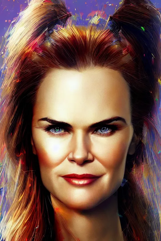 Prompt: mix of beautiful young maria shriver, mariel hemmingway, brooke shields, nicole kidman and elle macpherson as a cyborg terminator, thin lips, hair tied up in a pony tail, dark blonde hair, colorful, artstation, cgsociety
