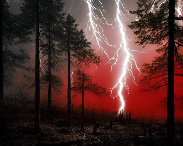 Image similar to a dark dead forest with a storm with red lightning striking, by bekinski, trending on artstation, 4 k