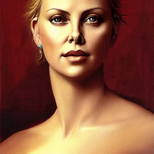 Image similar to a striking hyper real painting of charlize theron by da vinci.