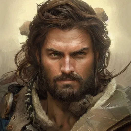 Image similar to portrait of a rugged ranger, muscular, upper body, blood, D&D, fantasy, intricate, elegant, highly detailed, digital painting, artstation, concept art, smooth, sharp focus, illustration, art by artgerm and greg rutkowski and alphonse mucha