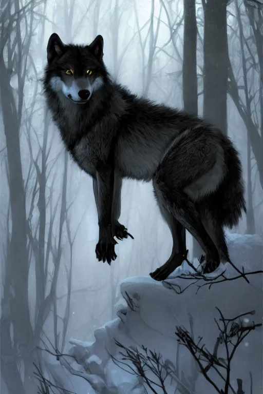 Image similar to full figure beautiful young fit antrophomorphic male wolf, bared teeth and long claws, dark scene, by greg rutkowski and alphonse mucha, d & d character, gradient black to silver, in a snow covered forest at night, highly detailed portrait, digital painting, artstation, concept art, smooth, sharp focus illustration, artstation hq