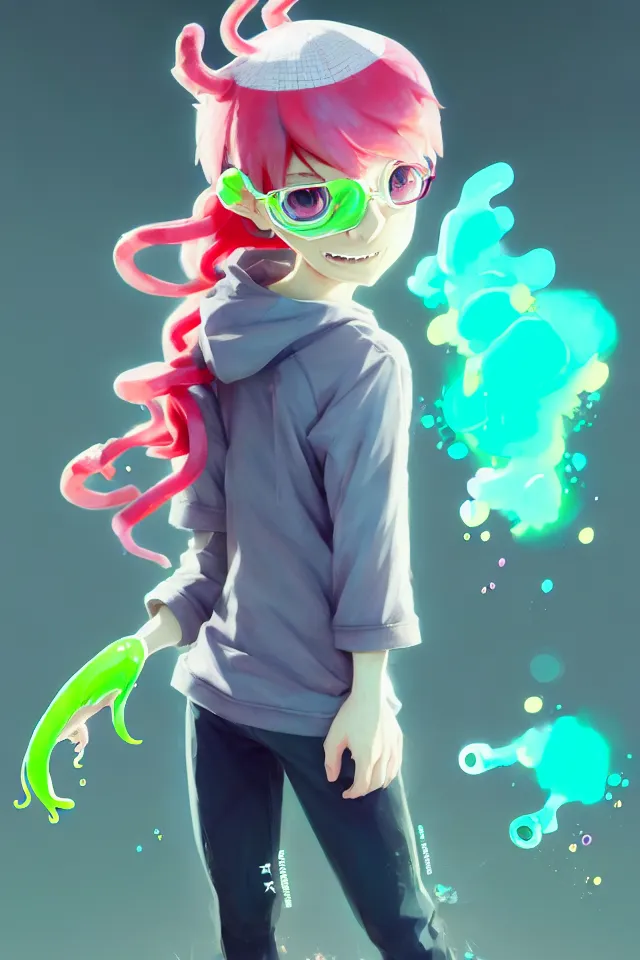 Image similar to a beautiful fullbody portrait of a cute splatoon anime boy with pink hair and green eyes wearing sports clothing tight leggings. character design by cory loftis, fenghua zhong, ryohei hase, ismail inceoglu and ruan jia. artstation, volumetric light, detailed, photorealistic, fantasy, rendered in octane