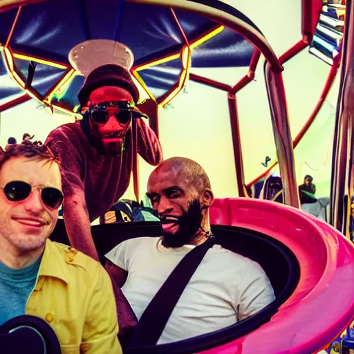 Image similar to death grips riding tilt - a - whirl at a carnival, mc ride, zach hill, andy morin,