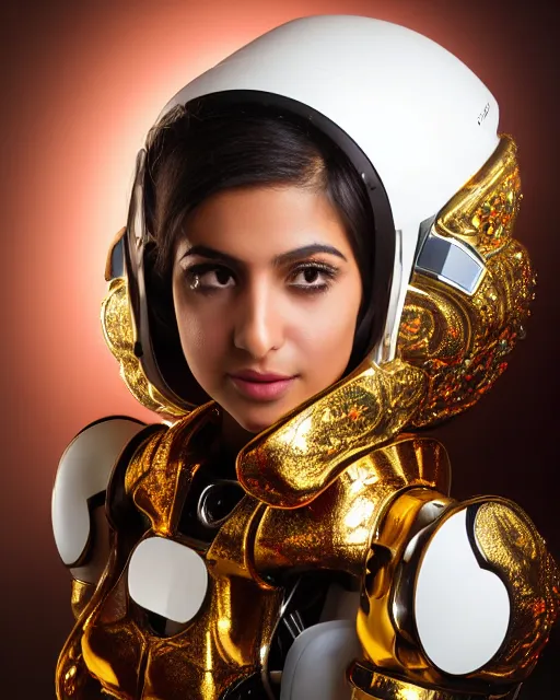 Prompt: centered medium shot fine studio photograph of a beautiful persian girl wearing only a mecha electronic helmet with led lights and persian golden ornaments, ultra-realistic, white background, 8k HDR sunset lit, intricate detail