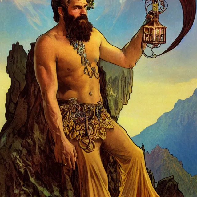 Image similar to an aesthetic! a detailed portrait of a man in a long beard, with a crown, holding a lantern with mountains of gold in the background, surrounded by his family, by frank frazetta and alphonse mucha, oil on canvas, art nouveau dungeons and dragons fantasy art, hd, god rays, ray tracing, crisp contour lines, huhd