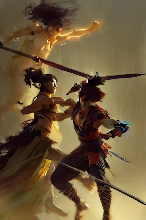 Prompt: An epic fight moment between one a spirit slayer with one female skilled samourai in style of by gaston bussiere, and craig mullins and greg rutkowski and alphonse mucha, awesomenes , concept art world,