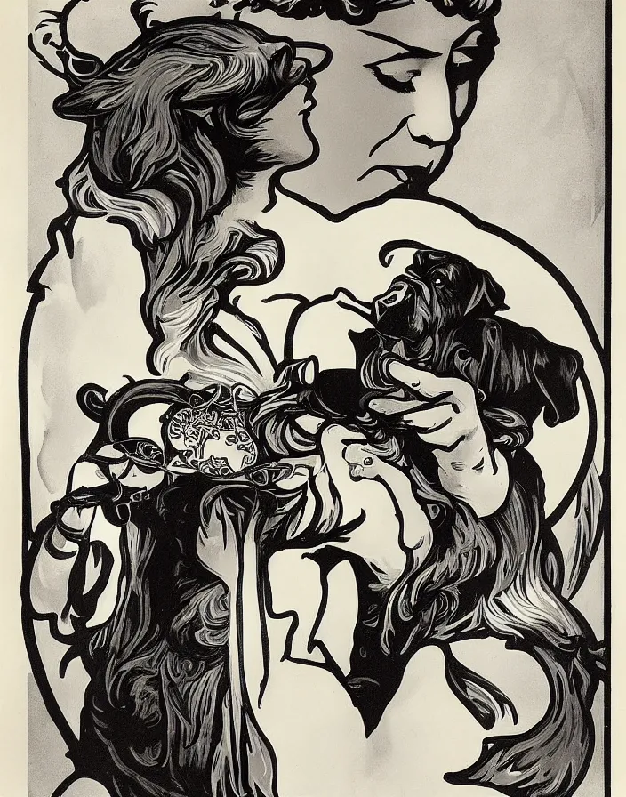 Prompt: Dachshund drinking absinthe by Alphonse Mucha