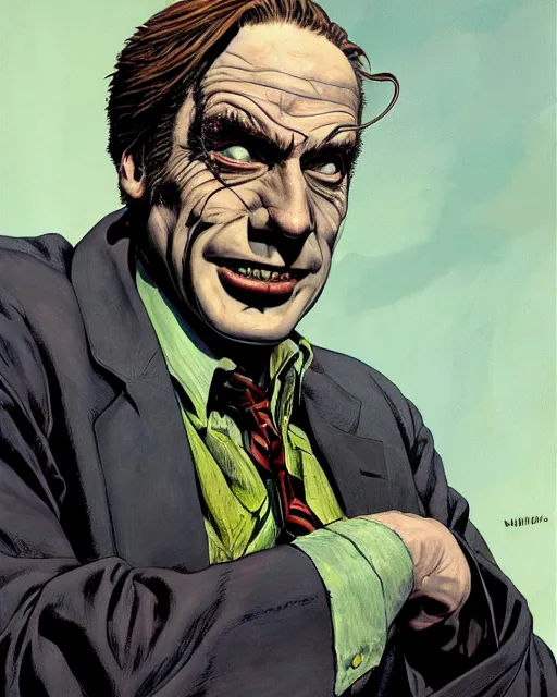 Image similar to portrait of saul goodman as the joker, illustration, art by makoto shinkai and peter elson, bernie wrightson