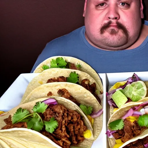 Image similar to tacos filled with rotten liver and dirty napkins. a fat man licks his lips looking at the tacos.