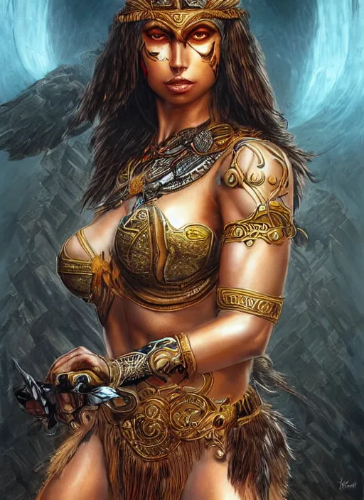 Prompt: a highly detailed symmetrical full body painting of a female amazon warrior with piercing beautiful eyes in dark tomb setting, dynamic lighting, ambient lighting, deviantart, art by artgerm and karol bak and mark brooks