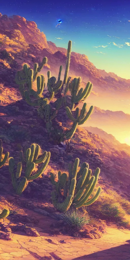 Prompt: A beautiful illustration of a Desert Cactus Eagle Viper Lizard Gale, wide angle, by makoto shinkai, thomas kinkade, james gilleard, very detailed, deviantart, 4k vertical wallpaper, tropical, colorful, airy, anime illustration, anime nature wallpap