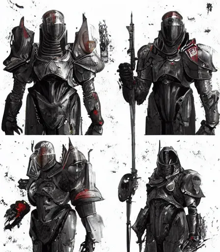 Image similar to Knights Templar wearing sci-fi destiny video game armor concept art, muted colors, intricate painting, by John Harris, Emil Melmoth, Craig Mullins, yoji shinkawa, artstation, moebius comic, Marc Simonetti, lan McQue, Kentaro, Miura, hyper detailed, cinematic