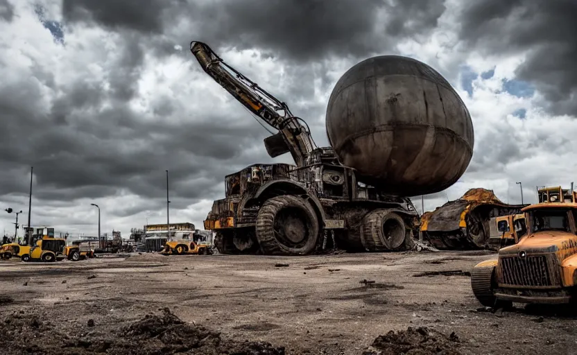 Image similar to an immense derelict monster truck cement mixer construction vehicle with tank turret and demolition ball in front of a road construction site, dystopian, imax, dramatic clouds, muted colors