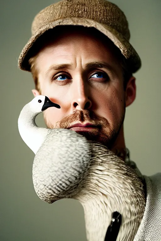 Image similar to ryan gosling fused with a goose, construction, natural light, bloom, detailed face, magazine, press, photo, steve mccurry, david lazar, canon, nikon, focus