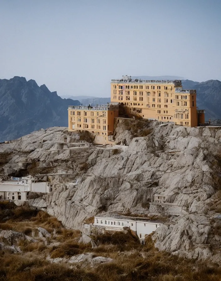 Image similar to a building in a stunning landscape by Wes Anderson