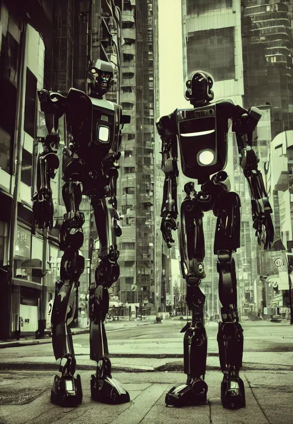 Prompt: a sad photograph two evil robots point each other, large shot, wide shot, in a street, cyberpunk photo,