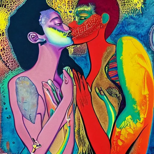 Image similar to beautiful painting of two bizarre psychedelic women kissing each other closeup in an aquarium in japan, speculative evolution, mixed media collage by basquiat and alex grey, magazine collage art, sapphic art, lesbian art