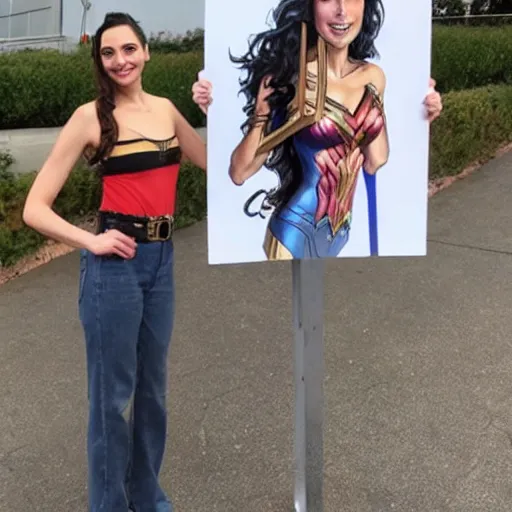 Prompt: Gal Gadot holding a sign that says M I T C H I E P O O !!!! as painted by Ralph Horsley