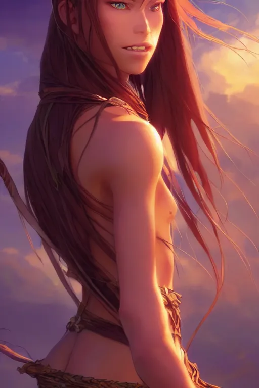 Image similar to long ginger hair, tanned woman in a prehistoric outfit, green eyes, by artgerm, hair tied in a ponytail, white backdrop, soft lighting, blue and purple colors, by greg rutkowski makoto shinkai takashi takeuchi