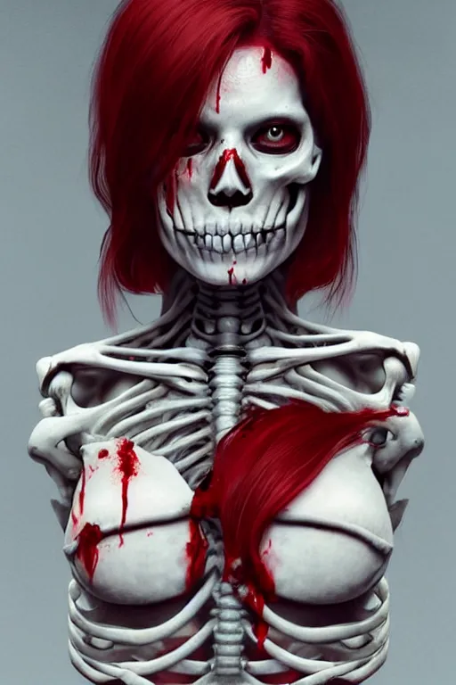 Image similar to pale woman skeleton covered with blood, rolyatistaylor face!!!, red hair, ultra realistic, concept art, intricate details, highly detailed, 4 5 mm. photorealistic, octane render, 8 k, unreal engine. film still, heavy grain, 3 5 mm, art by artgerm and greg rutkowski and alphonse mucha