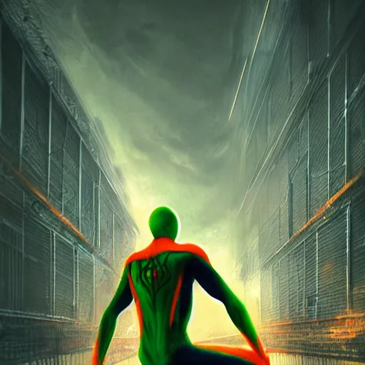 Image similar to moody atmospheric render of an orange and green spiderman by leon tukker