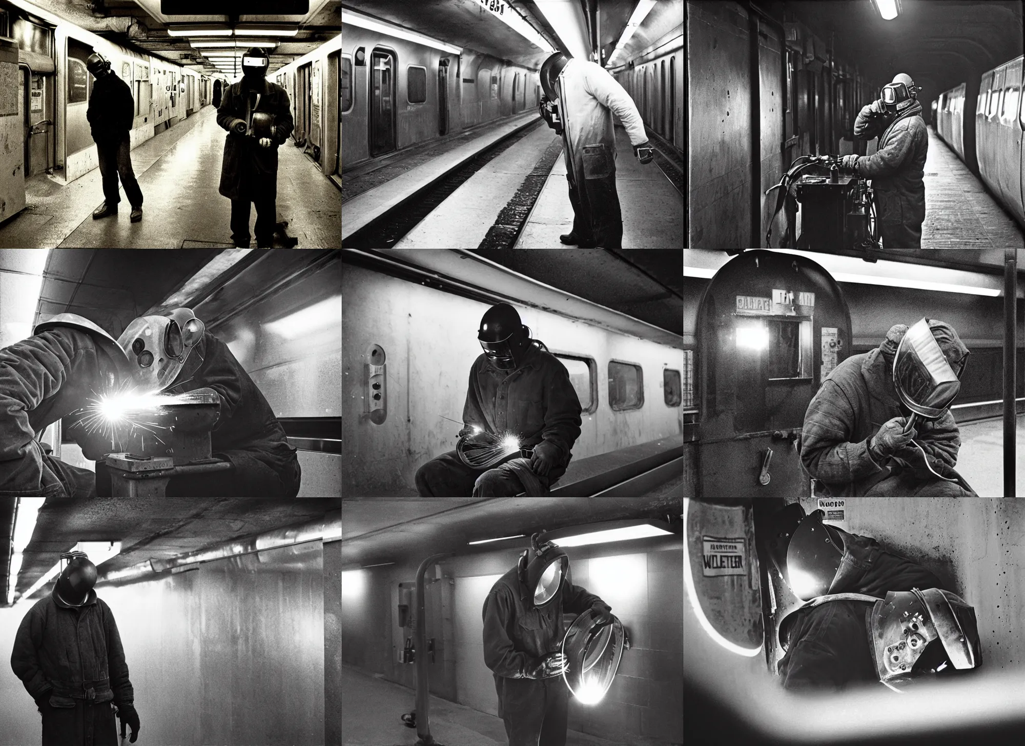 Prompt: welder in welding mask in the subway, by richard avedon, tri - x pan stock