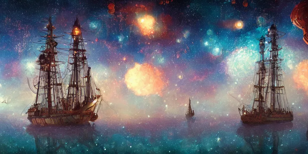 Image similar to a lone giant steampunk tall - ship made of wrought - iron sailing through nebulae, gossamer woven sails and surrounded by millions of stars, bokeh, ray tracing, hyperrealistic digital painting, colorful masterpiece by studio ghibli