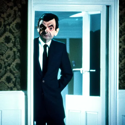 Prompt: mr bean in the shining. here is johny! movie still, cinematography, cinematic lighting