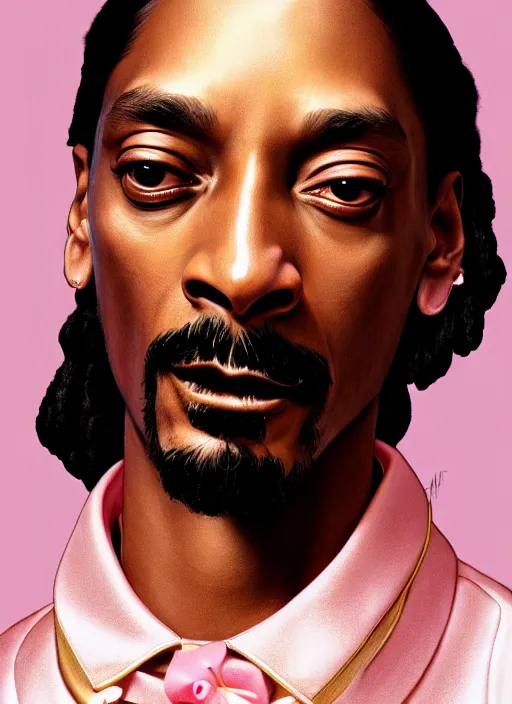 Image similar to dreamlike luxury snoop dogg portrait, pale pink and gold kimono, art by artgerm, wlop, loish, ilya kuvshinov, 8 k realistic, hyperdetailed, beautiful lighting, detailed background, depth of field, symmetrical face, frostbite 3 engine, cryengine,