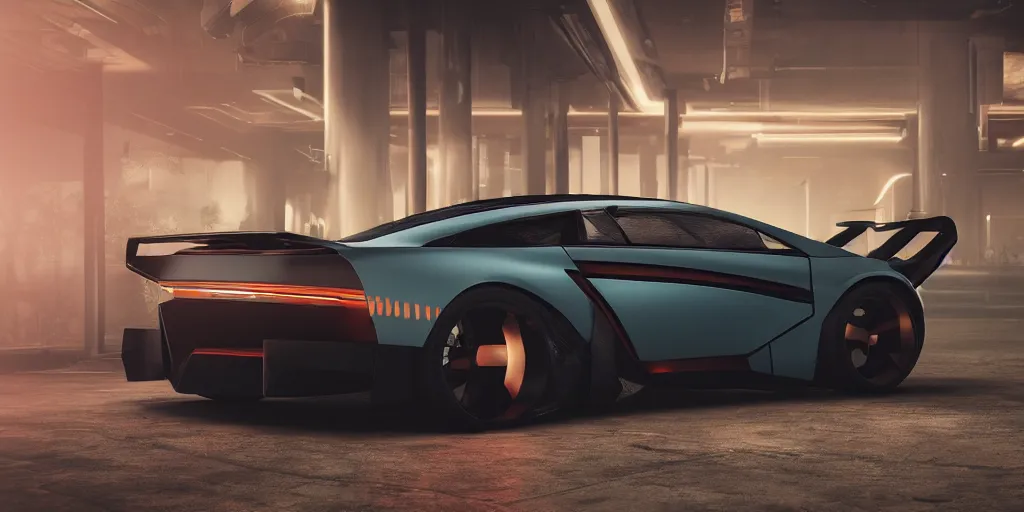 Image similar to a design of a futuristic DMC Delorian, designed by Polestar, blade runner background, back view, copper car paint with dark teal accent detailing, black windows, sportscar, black show room, dramatic lighting, octane rendering, unreal engine rendering, hyper realistic render, depth of field, octane rendering