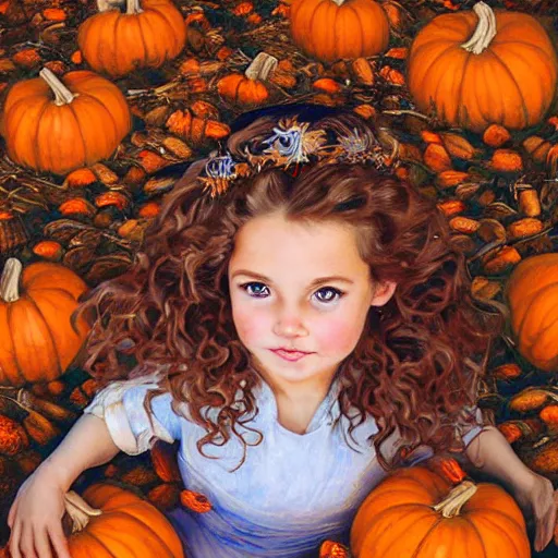 Image similar to a cute little girl with light brown wavy curly hair and blue eyes sitting amidst piles of pumpkins. beautiful cute highly detailed face. she is wearing a crown of autumn leaves. autumn and fall and halloween themed painting by artgerm and greg rutkowski and alphonse mucha.