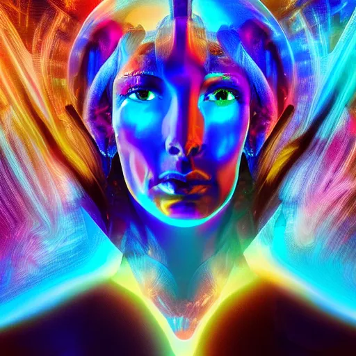 Image similar to humankind transcendence into collaborative intelligence, group intelligence, ai, by alex gray, mystery, lcd, album cover, award winning, colorful, volumetric lighting, trending on artstation